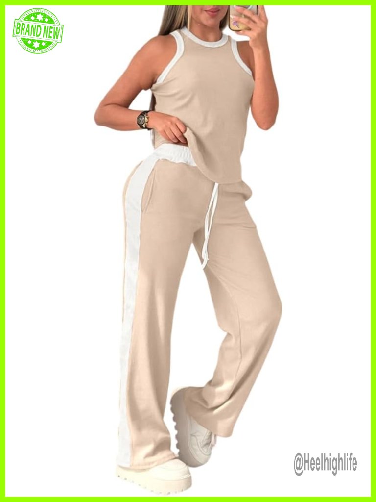Women Lounge Sets Sleeveless Ribbed Knit Two Piece Pants Sets